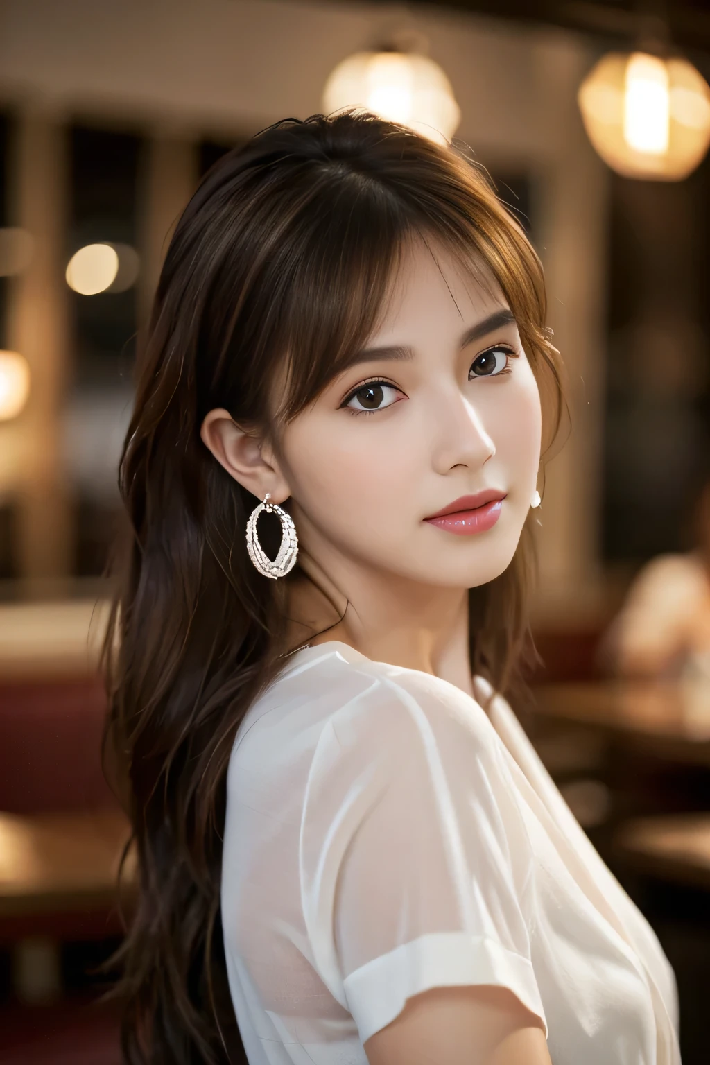 masterpiece, Highest quality, Realistic, Very detailed, Finer details, High resolution, 8k wallpaper, One beautiful woman, Wear a white see-through shirt, In a great restaurant, At night, Light brown messy hair, Perfect dynamic composition, Beautiful and beautiful eyes、Big earrings、