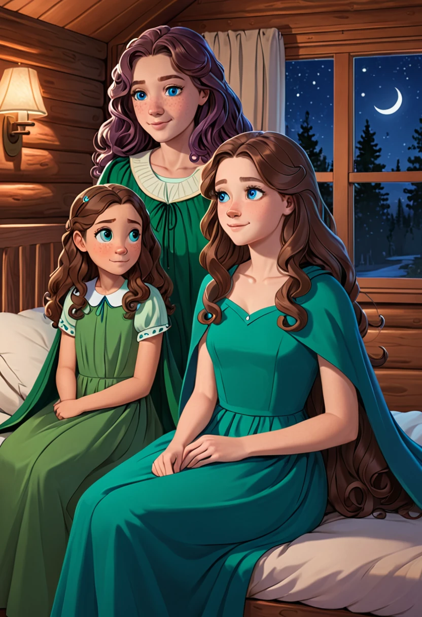 A student named Lila, light skin color, long haircut, curly brown hair, blue eyes, dressed in a simple green dress with a cape. She at night in her cabin, sitting next to her grandmother lying in her bed.
