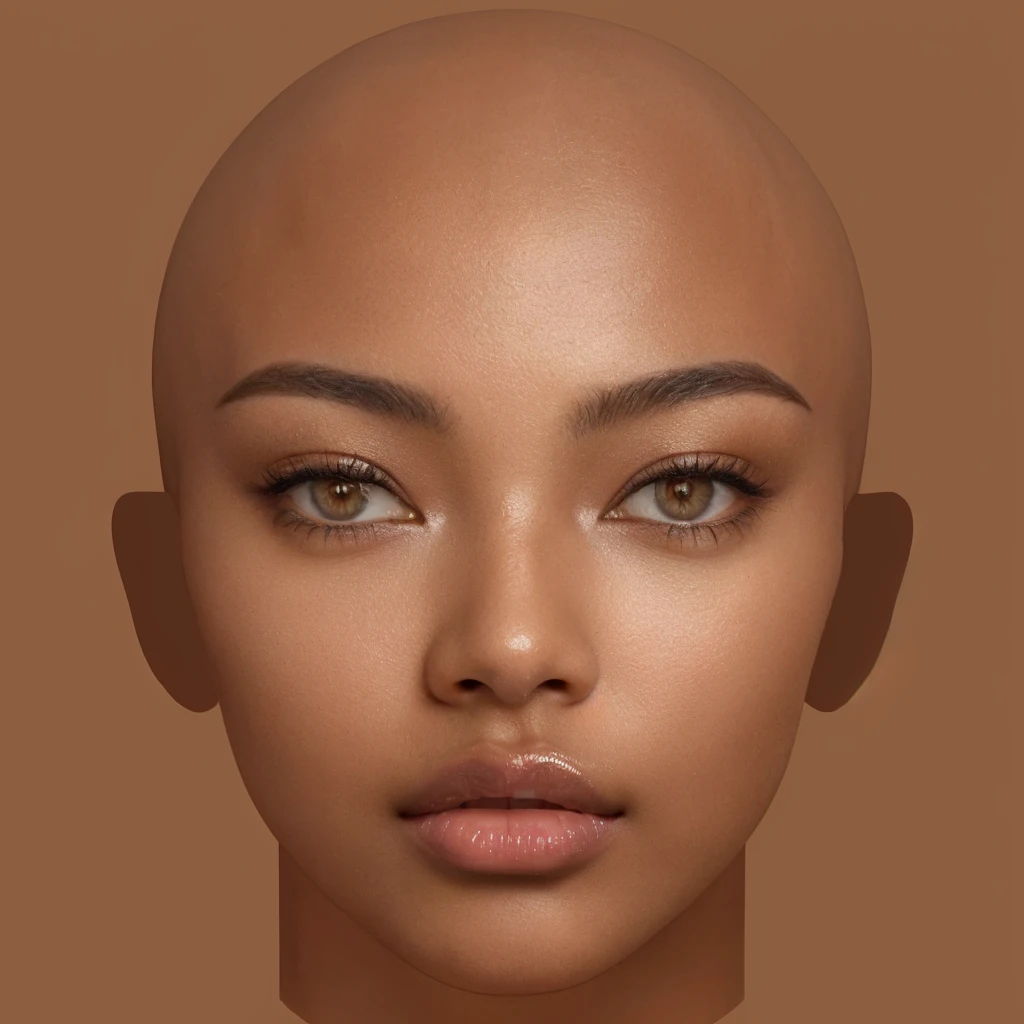 a close up of a woman with a bald head and a brown background, with very highly detailed face, highly detailed realistic face, detailed realistic face, natural face, skin with glam light, realistic beautiful face, beautiful realistic face, brown skin
