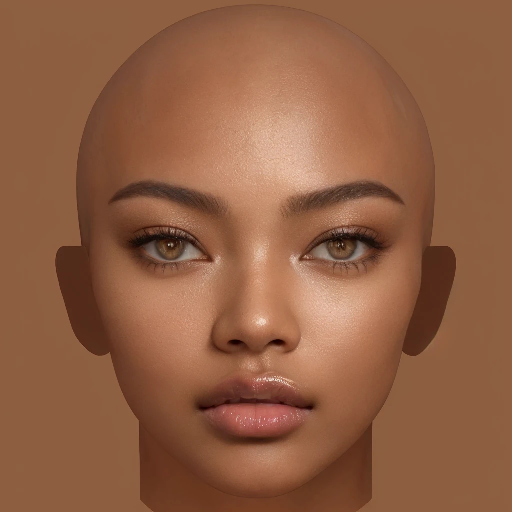 a close up of a woman with a bald head and a brown background, with very highly detailed face, highly detailed realistic face, detailed realistic face, natural face, skin with glam light, realistic beautiful face, beautiful realistic face, brown skin