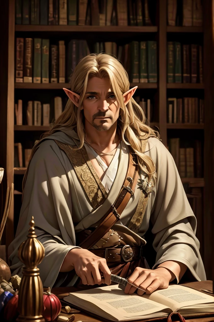 Elf 45 year old man who is wearing a fancy cleric robe with a large battle sword on his shoulder, sitting behind a desk with lots of papers piled behind him in a full library lots of books scattered everywhere.