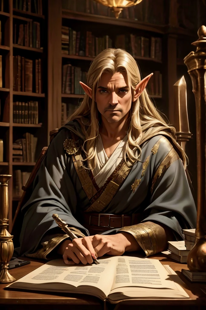 Elf 45 year old man who is wearing a fancy cleric robe with a large battle sword on his shoulder, sitting behind a desk with lots of papers piled behind him in a full library lots of books scattered everywhere.
