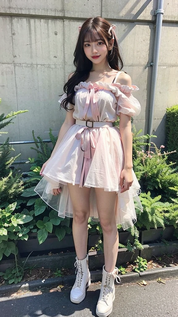 (8K、RAW Photos、Highest quality、masterpiece:1.2)、(Realistic、Realistic)、1 Girl、((Pink dress、whole body、boots、Off the shoulder、See-through、Frills、garden、smile、chest emphasis、whole body、View from the front、Ribbon on chest、Looking into the camera、belt、Stand with hands on hips))、