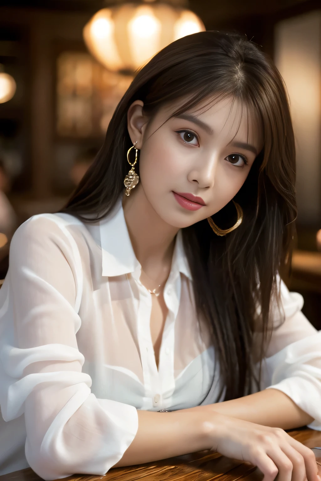 masterpiece, Highest quality, Realistic, Very detailed, Finer details, High resolution, 8k wallpaper, One beautiful woman, Wear a white see-through shirt, In a great restaurant, At night, Light brown messy hair, Perfect dynamic composition, Beautiful and beautiful eyes、Big earrings、