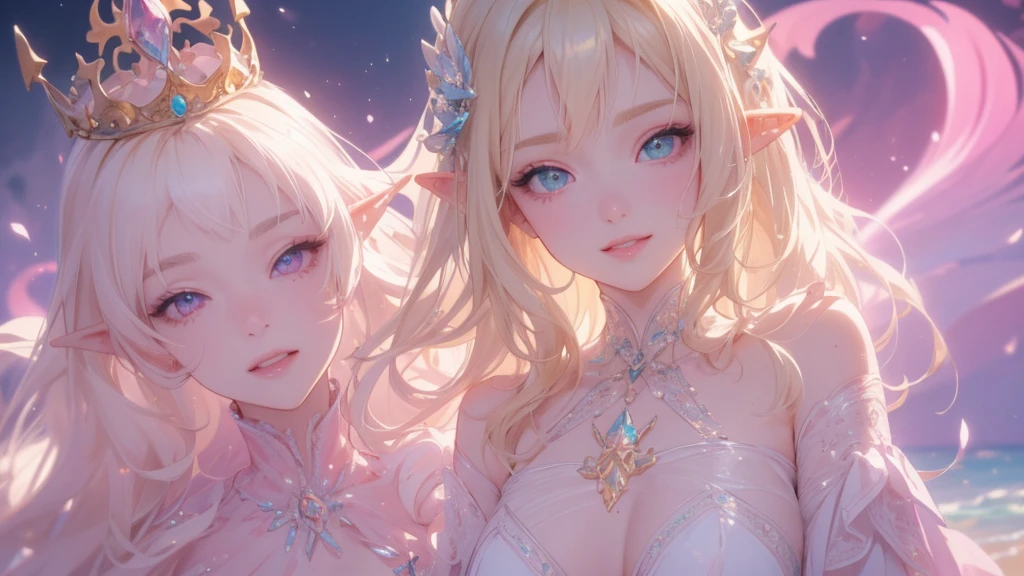  work of art, epic details, ultra detaild, best resolution, blonde, (elf goddess), crown with crystals ((rosto angelical)), eyes locked, (biting lower lip in a sexy way), sculptural body, pink scenery, White and pink clothes, Grinning, happy, expression of contentment, (glad) (great smile)