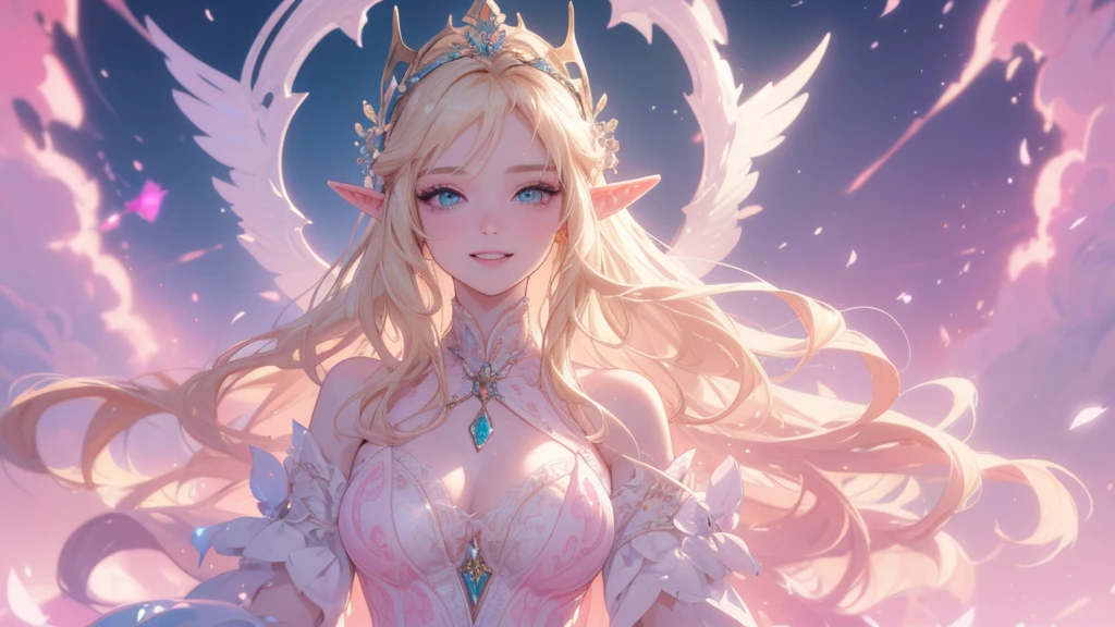 work of art, epic details, ultra detaild, best resolution, blonde, (elf goddess), crown with crystals ((rosto angelical)), eyes locked, (biting lower lip in a sexy way), sculptural body, pink scenery, White and pink clothes, Grinning, happy, expression of contentment, (glad) (great smile)