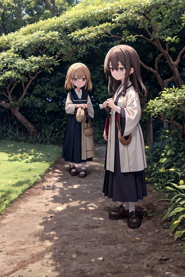 An image of two neighbors, one with a stern face and wearing plain farming clothes, and the other with a worried expression in a similar attire, approaching Hana with a dispute over a large tree on the boundary of their properties, set in the village square. (masterpiece, hd, best quality, 2d)