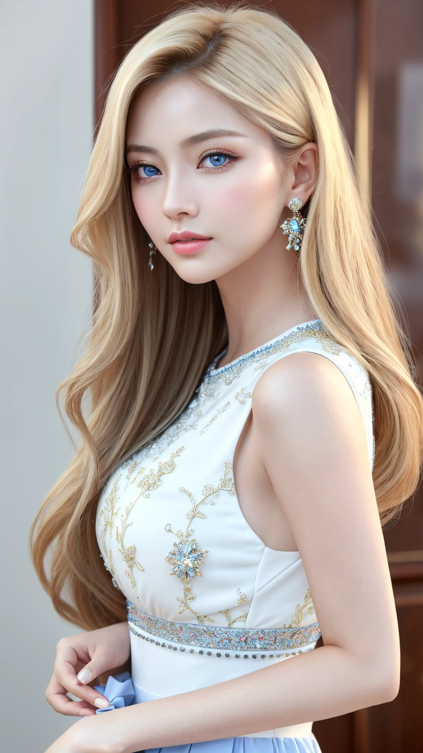 ((highest quality)), ((masterpiece)), (detailed), Single-lens reflex camera、Reality、whole body、wallpaper、Attention to detail、Attention to detail、Serious look、Well-proportioned face、Ultra-high resolution、Ultra HD、Perfect proportions、Tight waist、Blonde Hair、Blue Eyes、Beautiful Hair、Beautiful Skin、Beautiful white skin、Glossy pink lips、Russian Beauty,(masterpiece:1.3), Best image quality: 1.3, Rough hairstyles、Adult sex appeal,Actively moving、Stylish clothes、Beautiful accessories,career woman,beauty secretary