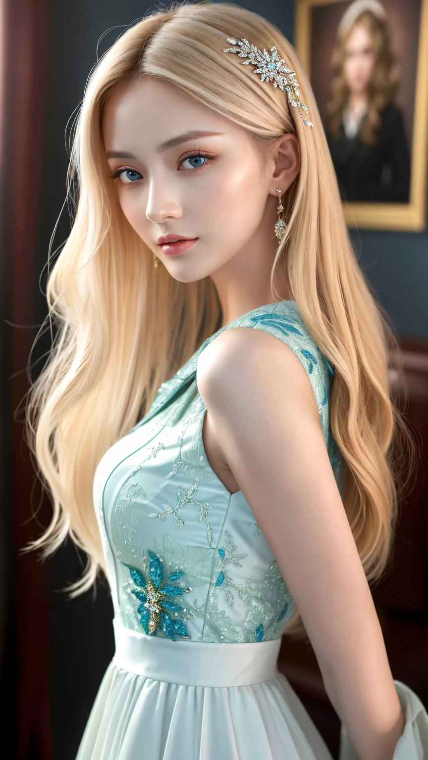 ((highest quality)), ((masterpiece)), (detailed), Single-lens reflex camera、Reality、whole body、wallpaper、Attention to detail、Attention to detail、Serious look、Well-proportioned face、Ultra-high resolution、Ultra HD、Perfect proportions、Tight waist、Blonde Hair、Blue Eyes、Beautiful Hair、Beautiful Skin、Beautiful white skin、Glossy pink lips、Russian Beauty,(masterpiece:1.3), Best image quality: 1.3, Rough hairstyles、Adult sex appeal,Actively moving、Stylish clothes、Beautiful accessories,career woman,beauty secretary