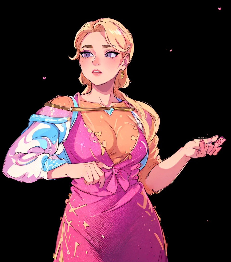 The image depicts a woman with blonde hair, wearing a vibrant pink dress with gold accents. She has a confident pose, standing with her hands on her hips and her head slightly tilted to the side. Her makeup is done in shades of pink and purple, complementing her attire. The background is black, which contrasts with her colorful outfit and highlights her as the main subject of the image.