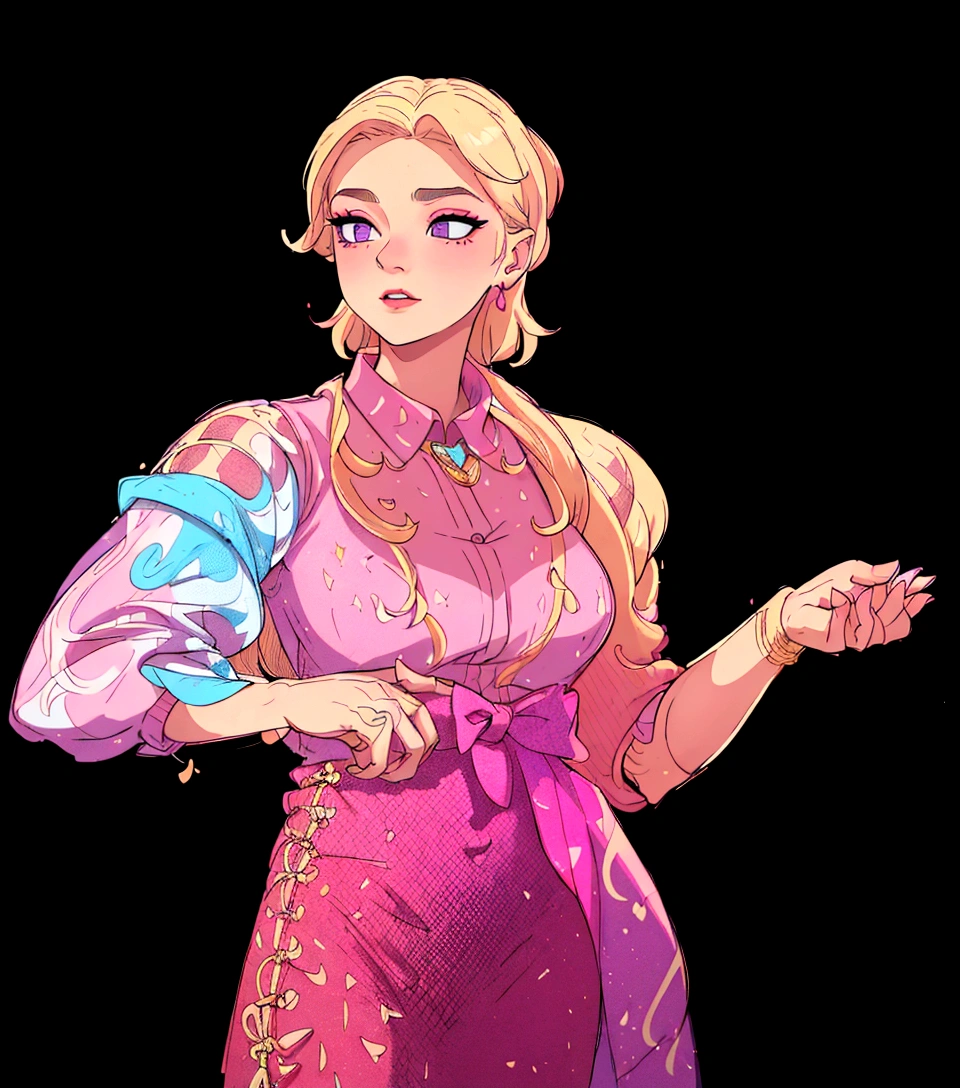 The image depicts a woman with blonde hair, wearing a vibrant pink dress with gold accents. She has a confident pose, standing with her hands on her hips and her head slightly tilted to the side. Her makeup is done in shades of pink and purple, complementing her attire. The background is black, which contrasts with her colorful outfit and highlights her as the main subject of the image.