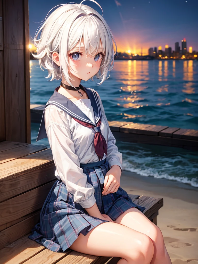 School girl, white hair, cute hair, Sitting outside the cabin, beach and city in the background, diffuse lights, night, short messy hair, small waist, wide hips, cute eyes