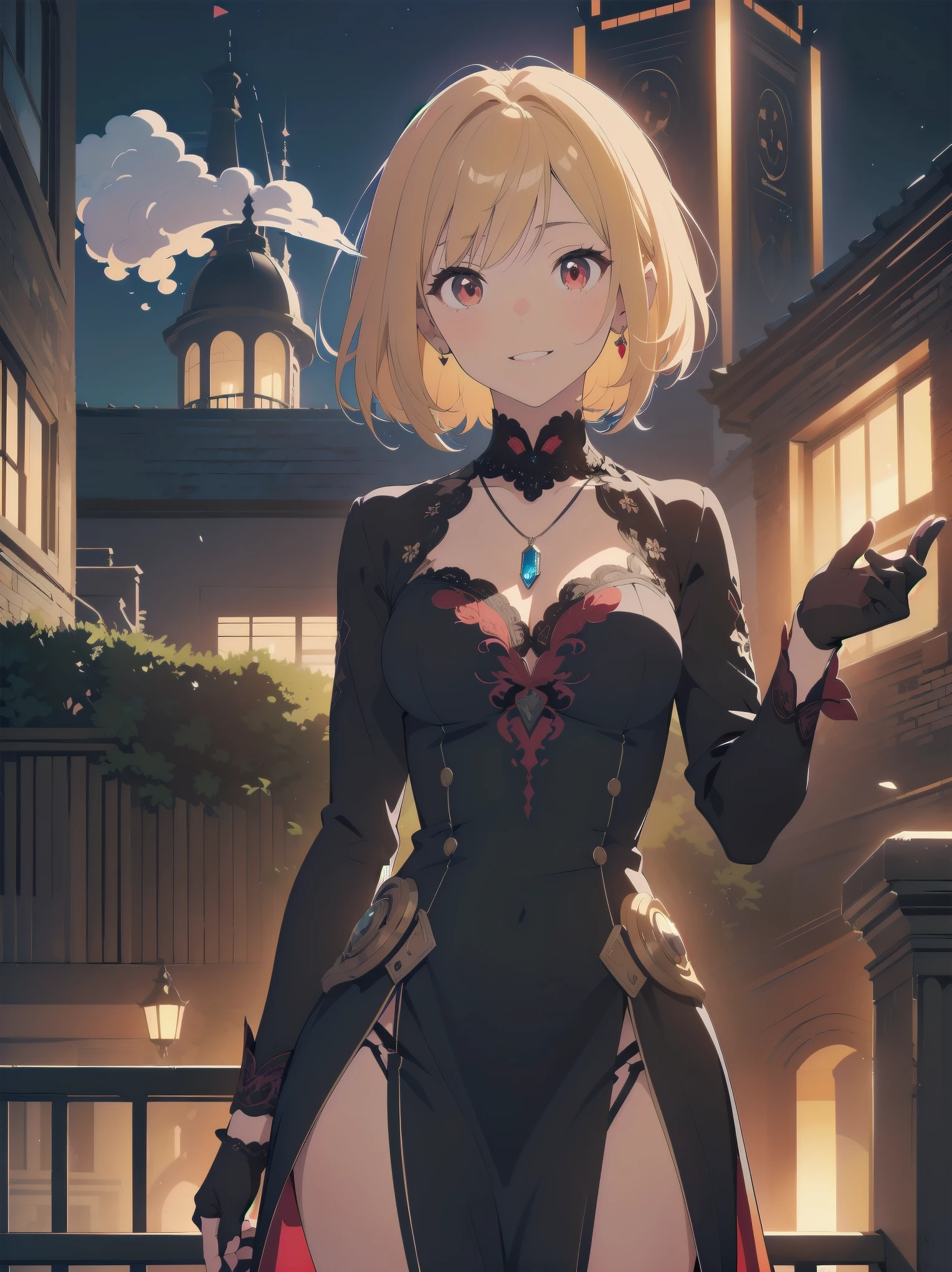 (masterpiece:1.2), (Highest quality:1.2), Ultra-high resolution, Very detailed, BREAK, ((Anime girl standing with happiness in her hands)), Clear Girl, (1 person,Lolita,boyish, 6 :1.3), A light smile, , girl who looks like a boy, Bob cut hair, ((Blonde Hair)), Messy Hair, Super huge breasts overflowing with soft fat mass、Waistline、Slender body, Small Ass, Small red eyes,Fine and beautiful eyes, Well-proportioned iris and pupil, Expressive eyes, Beautiful and detailed lips, High resolution detailed hair, Perfect Eyes, Perfect Face, ultra high density skin, Full Finger, Perfect lighting, break, ((Purple Necklace)), ((Black and red luxury dress:1.3)), light green tie, Sparkling Sapphire, Lady, Wear white gloves, BREAK, (steampunk), Castle balcony, Skyscraper, Night view, Equipment, (Steam spewing out from :1.2), Fantasy, BREAK, ((Positive:1.3)), BREAK, Digital anime art,Anime style illustrations,Anime illustration