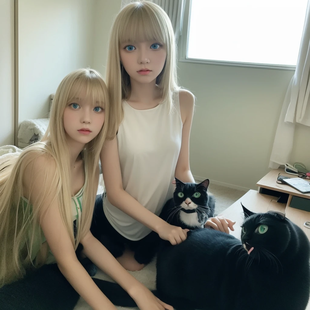 Tall blonde teenage girl with bangs and blue-green eyes taking a photo alone with her iPhone 14 in her room and her black cat watching