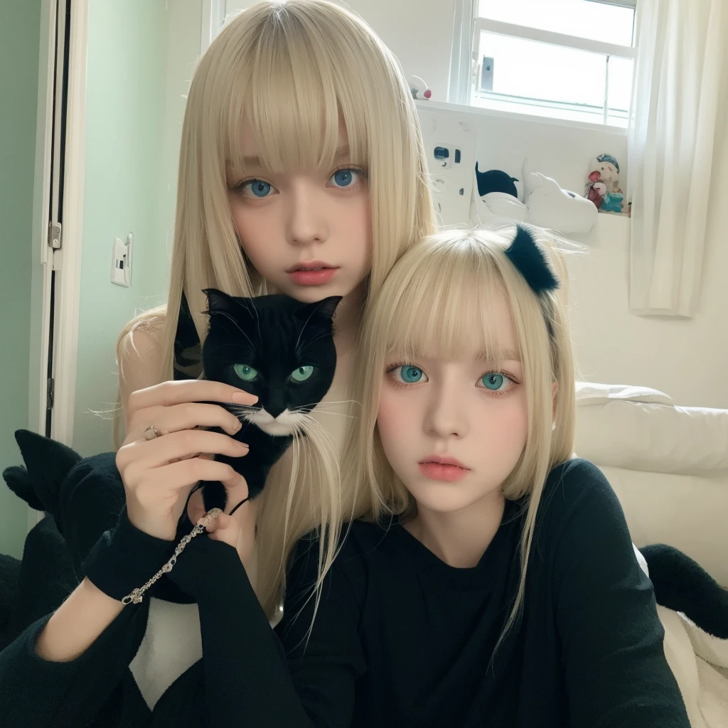 Tall blonde age girl with bangs and blue-green eyes taking a photo alone with her iPhone 14 in her room and her black cat watching