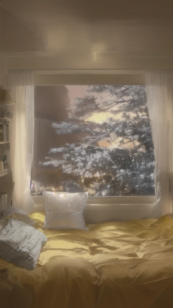 There is a bed with a yellow quilt and a window., Cozy place, Indoors on a rainy day, Cozy rooms, Cozy and quiet atmosphere, Cozy and calm, A soothing and comfortable landscape, reading corner, Cozy environment, Rainy day outside, Rainy Afternoon, Cozy atmosphere, Cozy atmosphere, relax time. Nice view, Relaxing environment, cozy wallpaper, Quiet and peaceful atmosphere