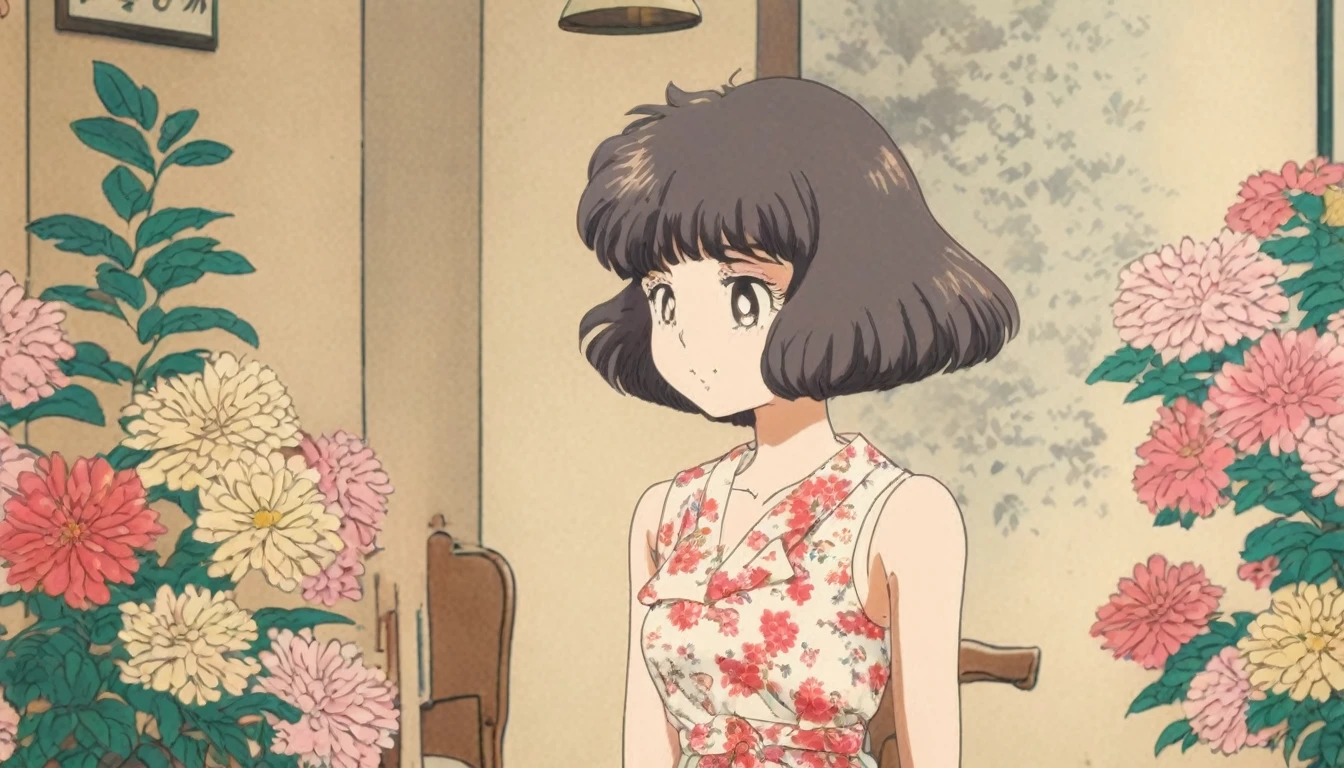 Showa pop culture, girl with bob haircut, vintage floral dress, colorful and emotional, old manga posters, bright and cheerful, high resolution, nostalgic vibe, retro Japanese café
