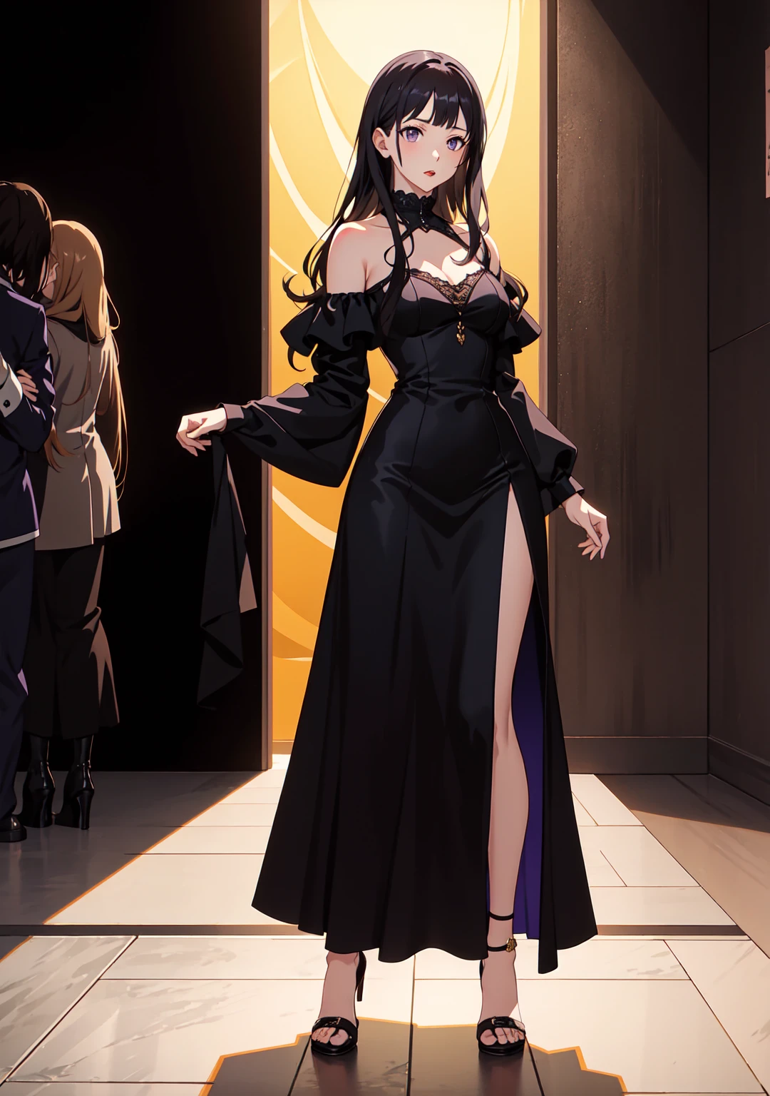 ((Full body photo, standing, feet on the ground)) ((anime)) ,(((young woman))), (lilac eyes), (Fatal beauty), (masterpiece:1.2), Best quality, A high resolution, unity 8k wallpaper, (illustration:1.2), (very detailed face), (perfect hands), (Ideal Anatomy), black hair, long hair, long bangs, Bright makeup, (Red lips), (black dress), fitting dress, floor-length dress, long sleeves, narrow sleeves, high heel shoes, bare shoulders, enters a luxury nightclub, confident look, Proud posture, the crowd's eyes turn to her
