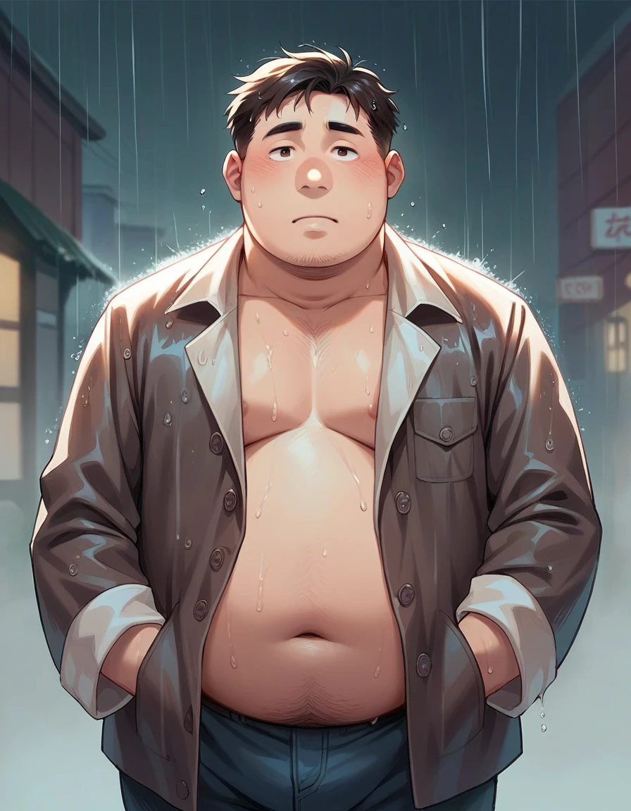 Man 40 years old, Fat, Chubby, Asian man, no shirt, wearing a coat, Show belly, wet from the rain.
