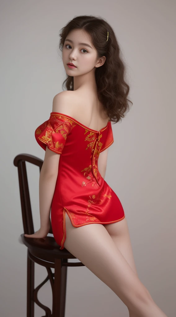 Best quality, Ultra-high detail，Overlooking，Full body portrait， girl，Delicate face，Curly hair，Hairpin，Hairpin，Pretty Face，Skin reflexes，Red cheongsam，Slim figure，Shy，Smaller bust，Off-the-shoulder design，Optimal body curves，High split ends