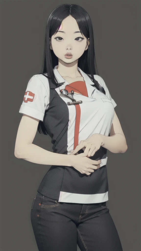 monochromatic、Girl、Asian、Moderate bust、Simple Background、nurse、slender、Long straight black hair、