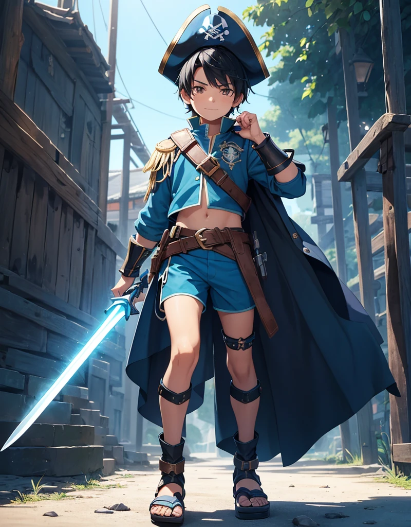Young boy with black hair, brown eyes and olive skin, innocent and happy, wearing neon blue pirate tunic, blue shorts, gauntlets and sandals, weilding sword and shield, blue armor, fullbody, pirate background, boyish athletic