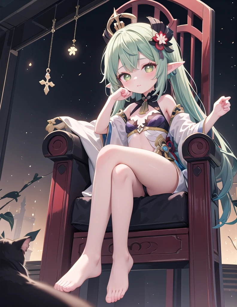 masterpiece,best quality,high quality,(colorful),loli,1girl, solo, petite,loli,elf girl,pointy_ears,small breast, :), Palace, towering above, overlooking viewer, with light from behind,Dark scenes,dark, king, Crown, leaf crown,Throne, a  throne, sitting alone on the throne, (chibi:0.1), masterpiece,bestquality, white hair,green hair,green eyes,symbol-shaped pupils, bangs, breasts,cross-shaped pupils, hair ornament, gradient hair,bare foot, black cat near foot,nahida (genshin impact),