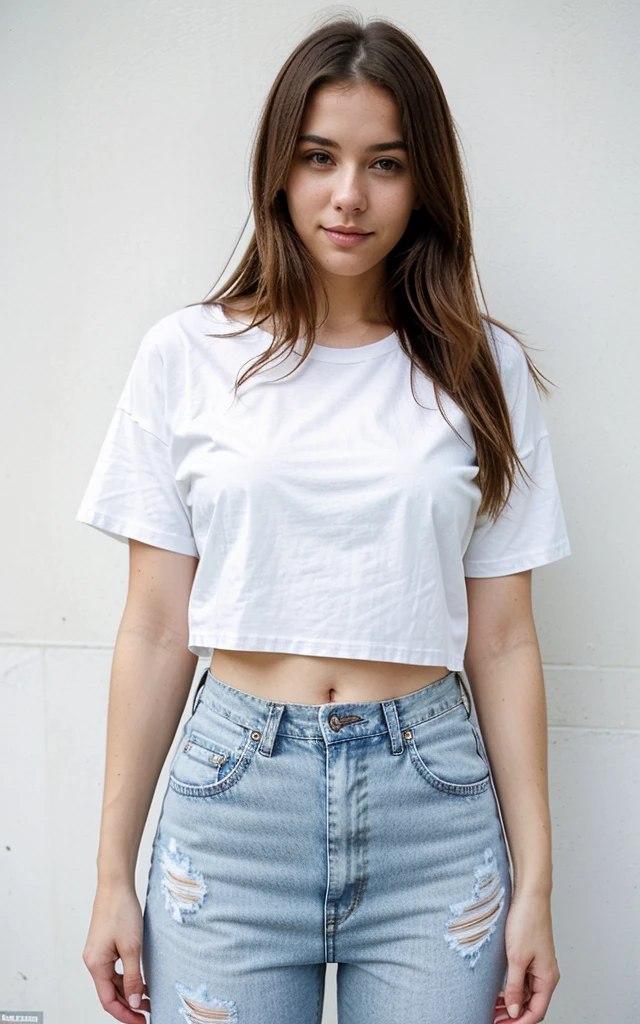 "American Dream": A 26-year-old woman, dressed in a casual but elegant outfit, including a white t-shirt and distressed jeans, optimistic and excited about the opportunities that lie ahead