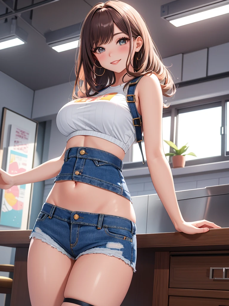 best quality, 1girl, masterpiece ultra detailed, illustration, glossy lips, indoors, standing, big breasts, (denim hot shorts, , crop top), light smile, View viewers from the front, thigh strap, very sexy, (from below)