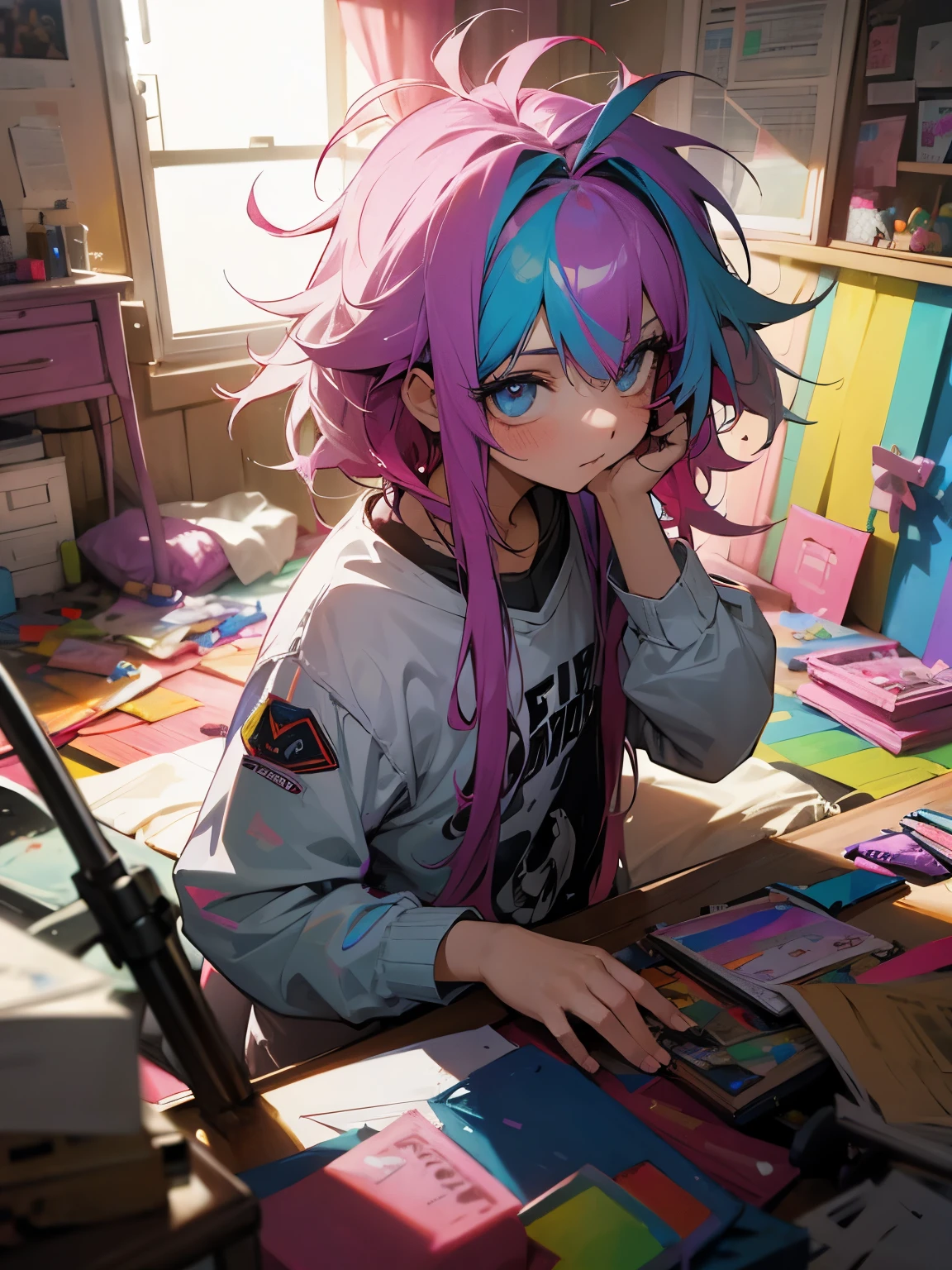 messy room, 1girl, messy hair, rainbow hair, alternative, glam rock