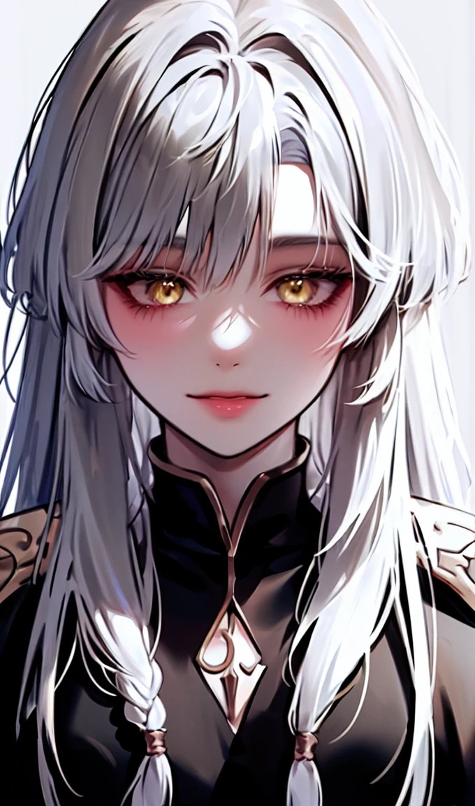 1girl, portrait, solo,lips, female focus, yellow eyes, looking at viewer, white hair, long hair, closed mouth, smile