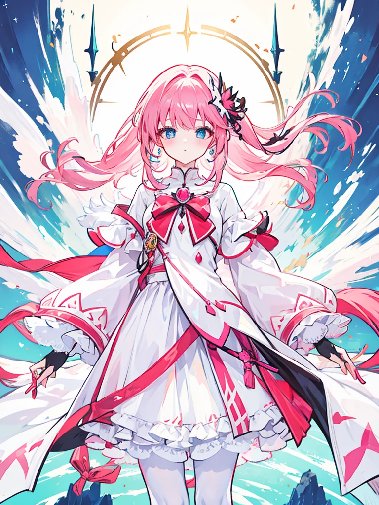 fantasy world girl with colorful hair, accessories, detailed clothes, pantyhose, white and red clothes, pink hair, blue eyes