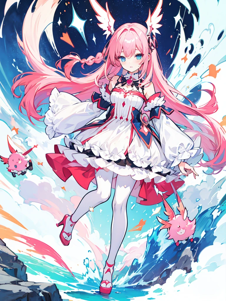 fantasy world girl with colorful hair, accessories, detailed clothes, hose, white and red clothes, pink hair, blue eyes
