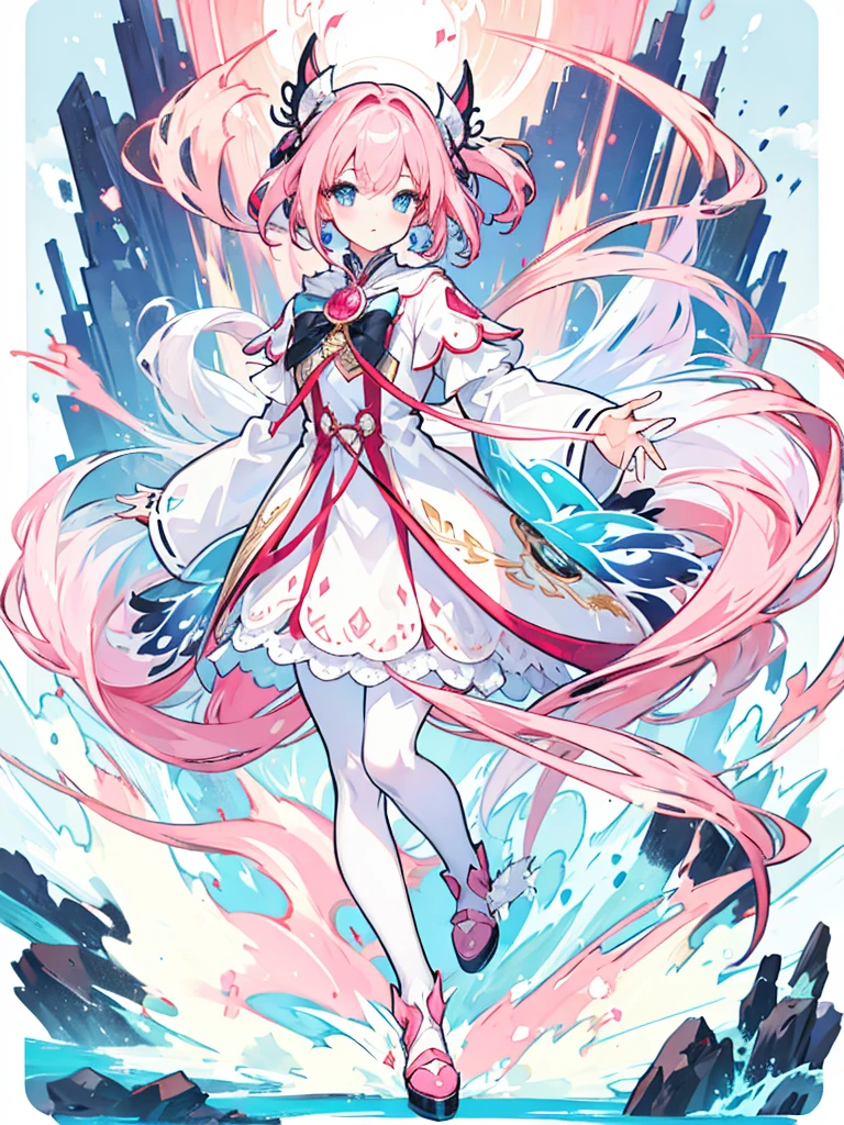 fantasy world girl with colorful hair, accessories, detailed clothes, pantyhose, white and red clothes, pink hair, blue eyes