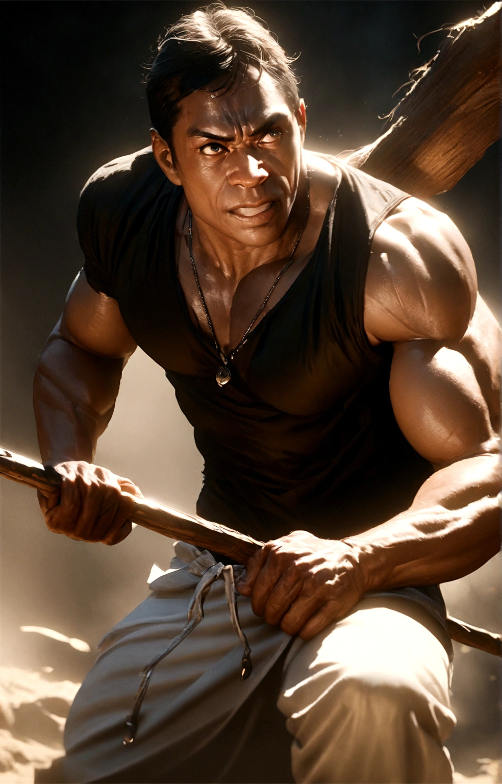 muscular man, angry face, holding wooden staff, loose clothes, black shirt with white stripes, photo-realistic, cinematic lighting, ultra-detailed, highly realistic, dramatic, epic, cinematic, dark and moody, chiaroscuro, dramatic lighting, 4k, 8k, masterpiece, hyper-detailed