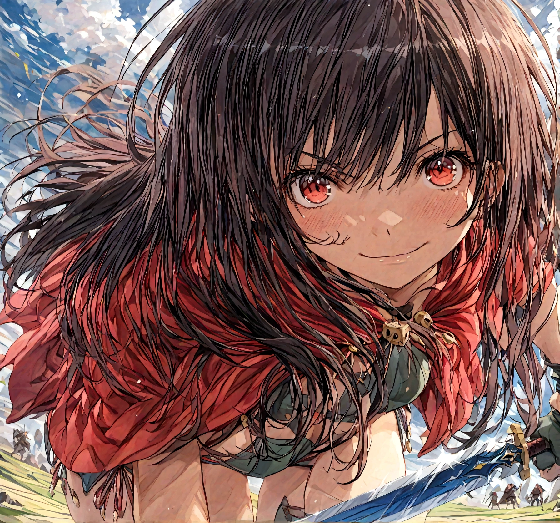 (masterpiece, best quality, top quality, 4k, 8k, high resolution, highres), (insanely detailed, ultra-detailed, super detailed, highly detailed) ,(HDR, UHD), (studio lighting), ultra-fine drawing, sharp focus, physically based rendering, professional, vibrant colors,
Realistic, Oil painting, cel anime
anime, kawaii, qute,
(((Long shot, Wide shot, Distant view))),
Night, Dark, Moonlight,
Place your left hand on the hilt of the sword stuck in the ground, then thrust your right hand forward,
a girl, looking at viewer, (((Thighs))),
Provocative smile, cruel smile, cruel smile,
(((Standing upright))), (((Jojo pose))),
Slanted eyes, narrow eyes, red eyes, long hair, black hair, messy hair,
(((Dark Skin, Black Skin))),
Berserker, Chest Armor, Breastplate, Bikini, Red Poncho,
armored orcs, A lot of orcs, A lot of orcs near the girl, Orcs surrounding the girl, screaming orcs,