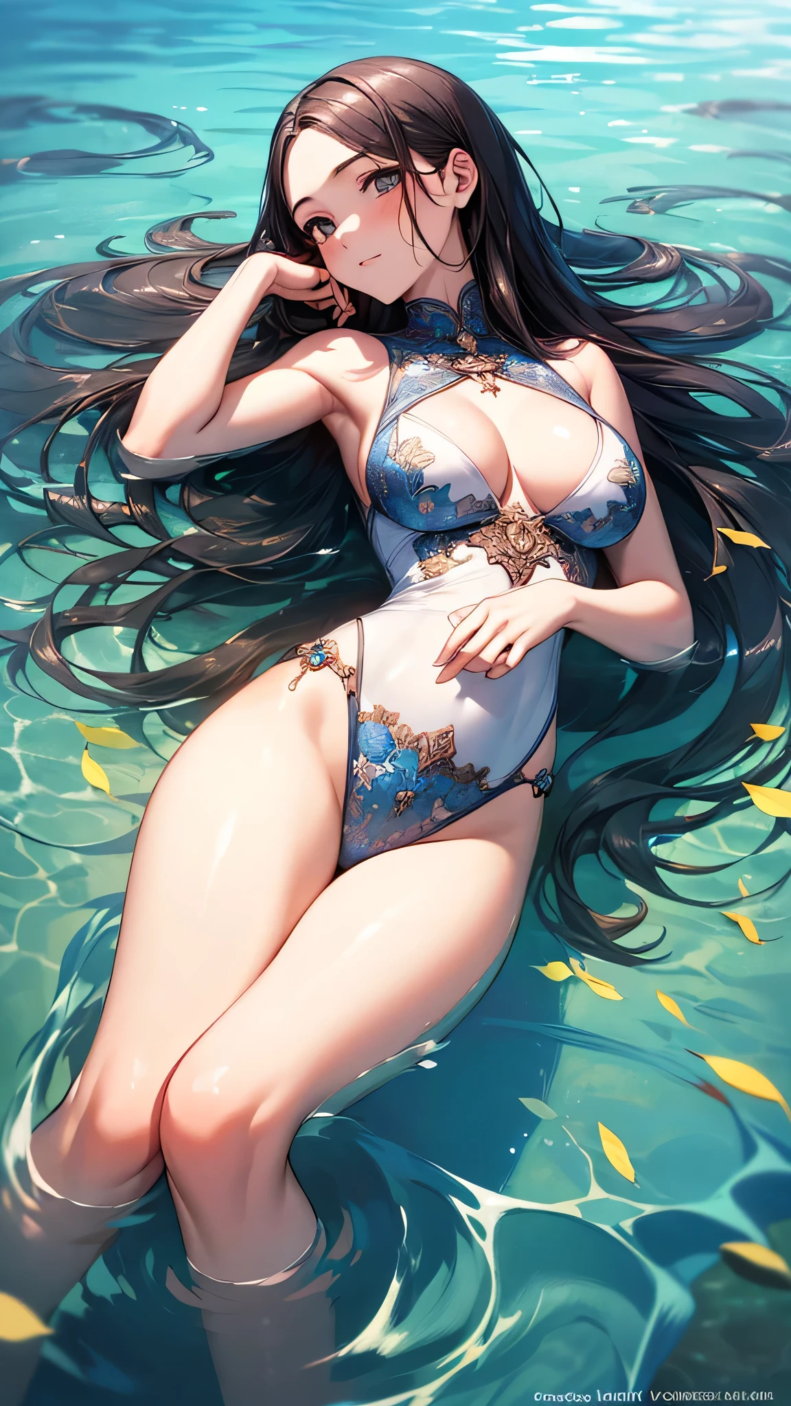 ((Highest quality)), ((High resolution)), ((masterpiece)), (detailed),
View your audience, Cowboy Shot, Written boundary depth, Anatomically correct, １people, female, Perfect Face, Cute and symmetrical face, Shiny skin,
(Long Hair, Radiating hair),
((Lying on the water)),
(Beautiful views),