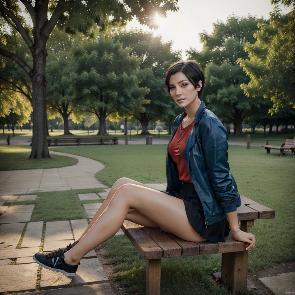 woman sitting on a wooden bench in the park, Portrait , beautiful sitting European woman , cgsociety 9, realistic full body portrait, Portrait of a beautiful girl with black short hair, 4k picture picture, realistic Portrait photo, realistic , realistic portrait ,short hairstyle,Blue skirt ,Red jacket