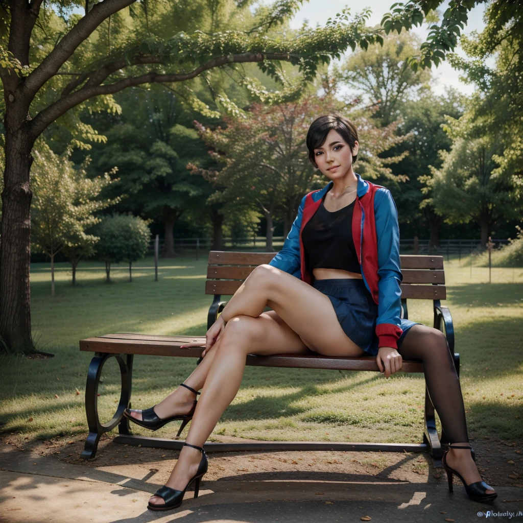 woman sitting on a wooden bench in the park, Portrait , beautiful sitting European woman , cgsociety 9, realistic full body portrait, Portrait of a beautiful girl with black short hair, 4k picture picture, realistic Portrait photo, realistic , realistic portrait ,short hairstyle,Blue skirt ,Red jacket