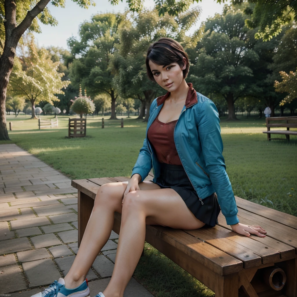 woman sitting on a wooden bench in the park, Portrait , beautiful sitting European woman , cgsociety 9, realistic full body portrait, Portrait of a beautiful girl with black short hair, 4k picture picture, realistic Portrait photo, realistic , realistic portrait ,short hairstyle,Blue skirt ,Red jacket