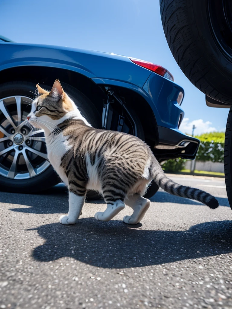 Side view of a cat escaping from under a car in a parking scene with a blue sky and bright sunshine