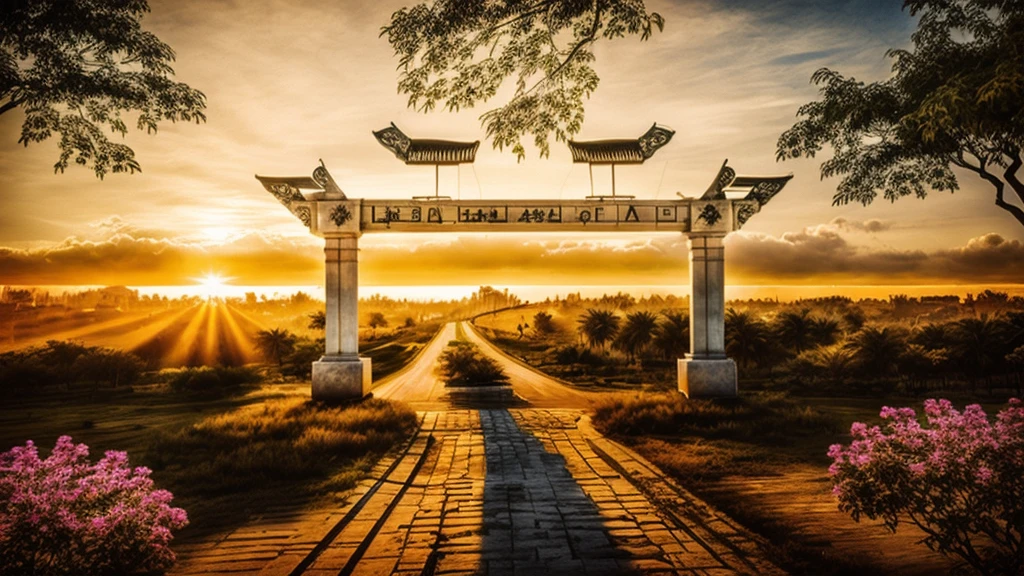 Administrative welcome gate in the city, glossy aluminum material, stone pillar, Khue Van Cac, with the flag of the Vietnamese flag, the highest quality image, with the street.