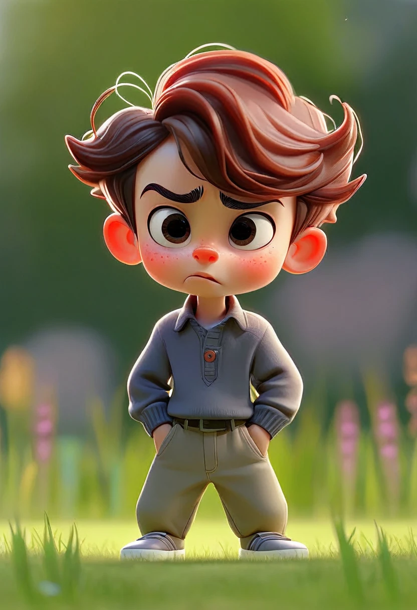 Cartoon standing on the grass,Tap the air with your right index middle finger,Side View,Camera shooting side view of people
