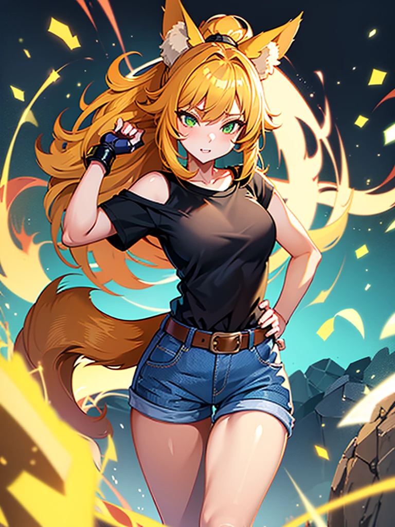 Sexy young furry girl with fox ears, orange skin, green eyes, yellow hair with ponytail and big bangs, tight white and blue shirt, and jeans with a belt