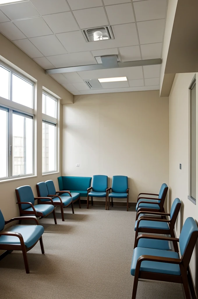 Hospital waiting room with chairs and free space on one of the walls to add furniture that you design