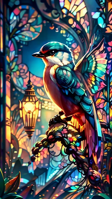 Realistic stained glass windows depicting a colorful aviary filled with flying birds, inspired by the works of Louis Comfort Tiffany and Frank Lloyd Wright, bright colors, detailed craftsmanship, perspective shot