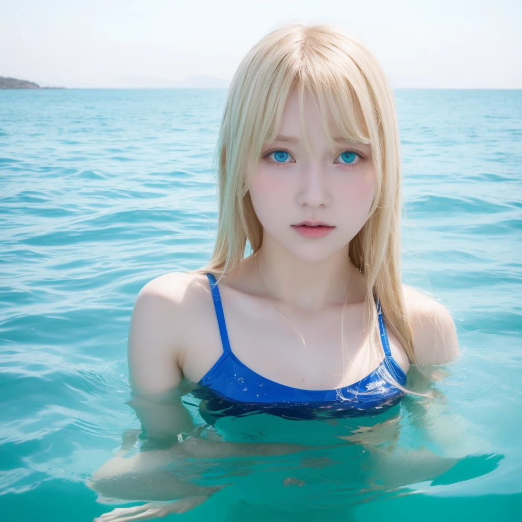 Tall blonde age girl with bangs and blue-green eyes taking a photo in the sea on the blue water beach and several people around her swimming