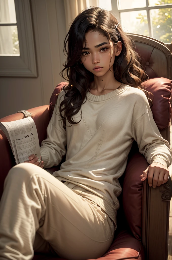 Loose Clothes, bandages and dressings, sitting in an armchair, reading, mansion, next to the window, Youngh, adolescent, strong jaw line, relaxed features, short wavy hair, caramel skin, hazel eyes, Arabic, Kizi, shorth hair, Loose Clothes, sweater, pants