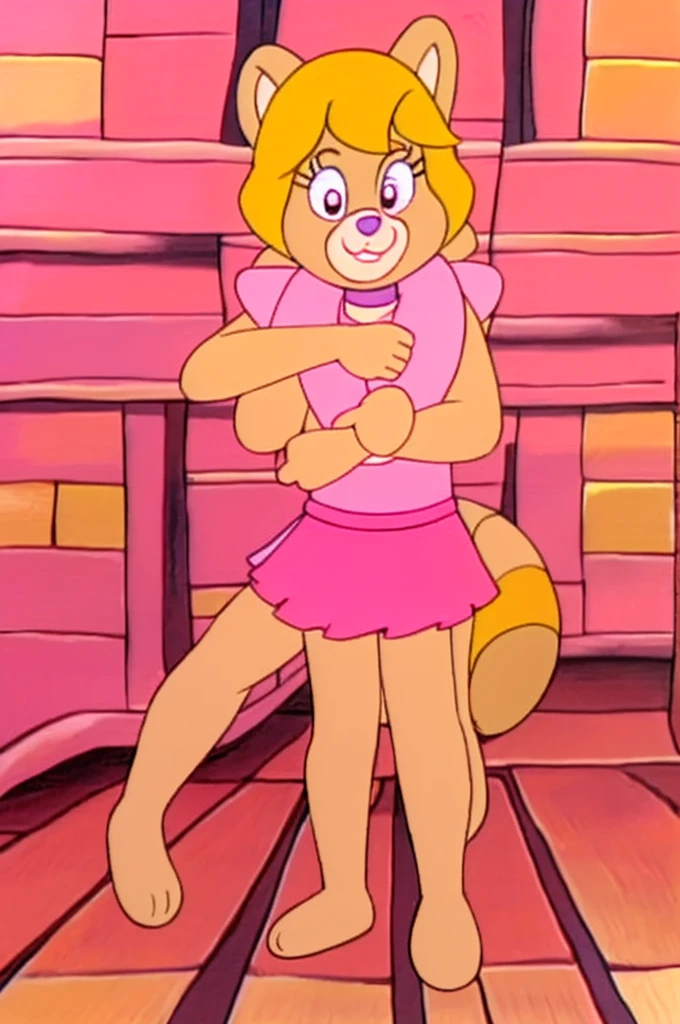 
Furry Yellow bunny with white eyes with hot pink pupil and pink collar with a heart, with mat instead of chest without clothes just a skirt cartoonish Hanna-Barbera type, Women, Mexican pink volume skirt, BALD, in cute pose. With red panda girl with punk Style with dor eyes and short hair
2 people