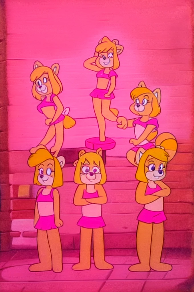 Furry Yellow bunny with white eyes with hot pink pupil and pink collar with a heart, with mat instead of chest without clothes just a skirt cartoonish Hanna-Barbera type, Women, Mexican pink volume skirt, BALD, in cute pose with a red panda girl with punk Style with dor eyes and short hair, hugging
